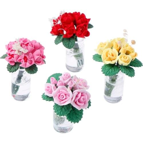 1:12 Doll House Miniature Flowers Fairy Garden Ornament Mini Potted Plant Flowers Pot DollHouse Decor Bonsai Model Kids Play Toy