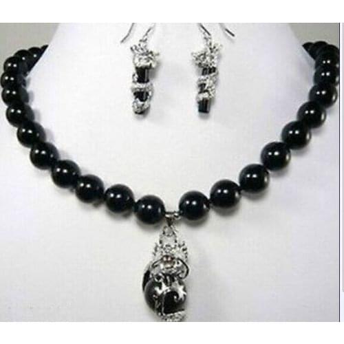 Hot sell new - Fashion beautiful 10mm black stone dragon earring pendant Necklace set NEW