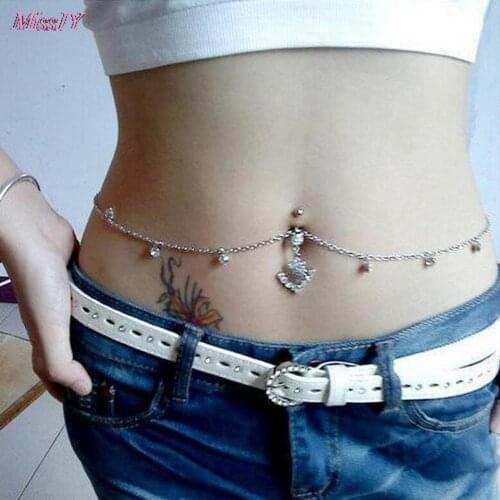 New Dainty Rhinestone Crystal Bar Waist Chain Stainless Steel Pendant Piercing Belly Barbell Navel Ring With Waist Chain 3Colors