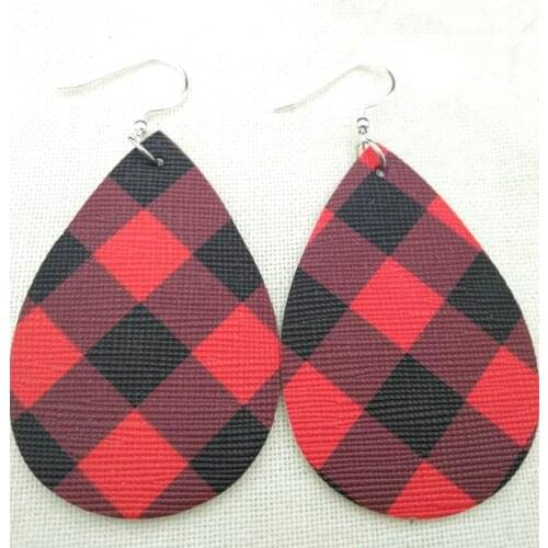 New PU Plaid Leather Earrings Water Drop Earrings For Women Fashion Red lattice Leaf Shape Gingham Earring Jewelry