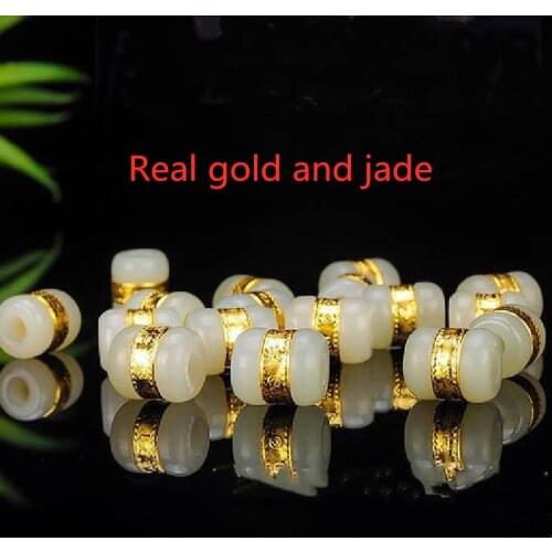 Gold Inlaid Jade Hetian Jade Road Lutong Transit Bead Pendant White Jade Foot Gold Fashion Mens and Womens Pendant