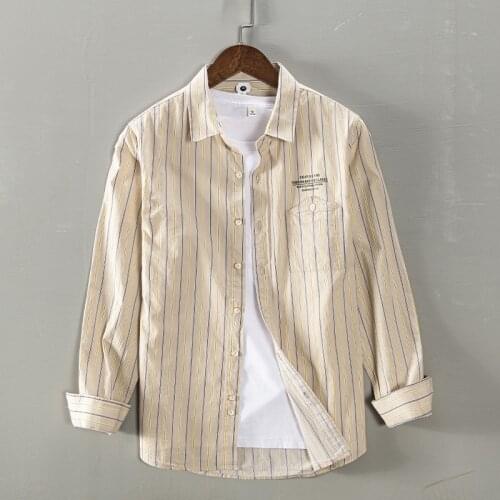 Striped Long Sleeve Shirt for Men Pure Cotton Turn-down Collar Tops Japanese Fashion Casual Male Clothing 2021 Spring New