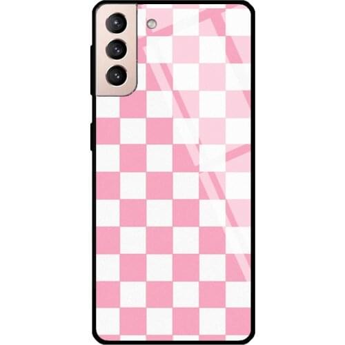 Pink Checkers Tempered Glass Cover For Samsung Galaxy S21 Ultra S20 FE S8 S9 S10 Plus Note 10 20 Case