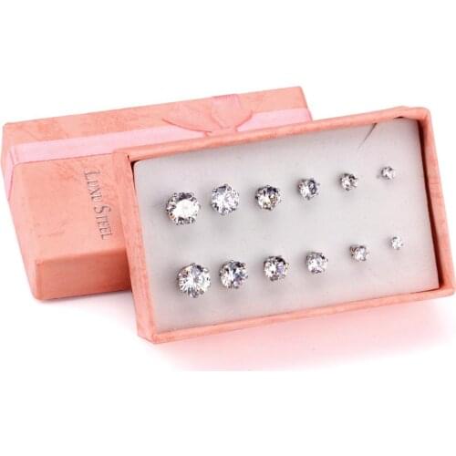 LUXUSTEEL Round/Square Cubic Zirconia 6pair/box Earring Set Colorful BirthStone Push Back Stud Earrings Bijoux pendientes