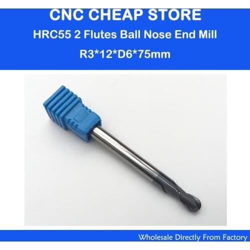 2pcs R3.0 HRC55 75MM 2 two double Flutes Ball Nosed End Mill, CNC Router Milling Cutters Solid Carbide Cutting Tools 6*6*12*75mm