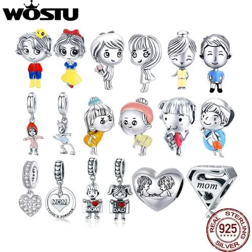 WOSTU Authentic 925 Sterling Silver Boy Girl Family Love Charms Pendant Fit Bracelet Women Party Fashion DIY Jewelry Gift Making