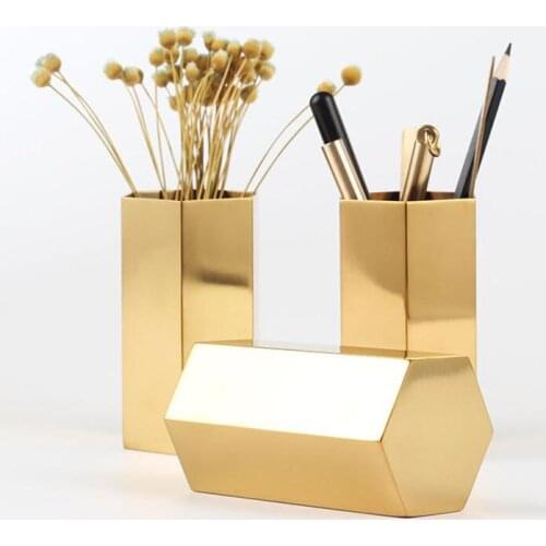 Nordic Gold Pen Holder Vase Hexagonal Shape Diamond Makeup Brush Storage Box Organizer Golden Flower Vase Metal Table Decoration