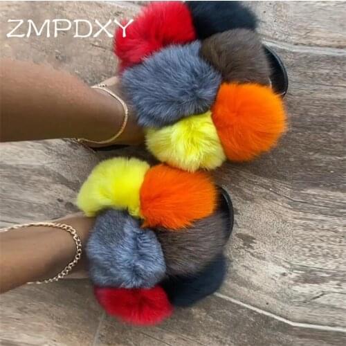 Fur Slippers Ladies Fake Fur Slides Rainbow Fur Ball Sandals House Shoes Beach Flip Flops Furry Snug Slides Girl Fashion Sandals