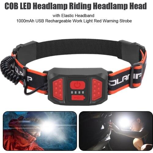 COB LED Headlamp Riding Headlamp Head with Elastic Headband 1000mAh USB Rechargeable Work Light Red Warning Strobe