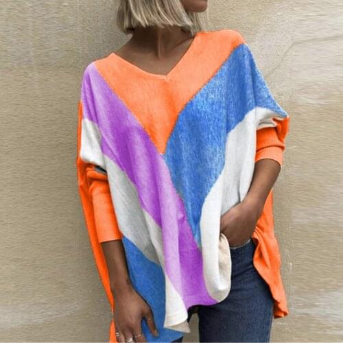 2021 New Hit Contrast Color V Neck Long Sleeve Casual Basic Splice Tops For Women Clothing Color Stitching Womens T-shirt