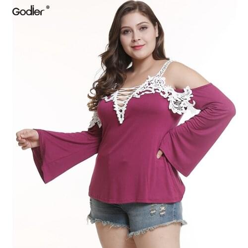 Godier Sexy Off Shoulder Hollow Out Lace T-Shirts Women V Neck Long Sleeve Tee Shirts Female Autumn Loose Tops Plus Size