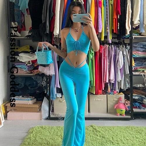 Sexy Women 2 Piece Shirring Sets Drawstring Halter Cropped Top High Waist Bandage Pleated Flare Pants Two Piece Street Outfits