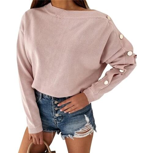 Ladies Casual Off Shoulder Knitted Tops Solid Color Sweaters Fall Spring Women Long Sleeve With Buttons Pullovers Sweater Female