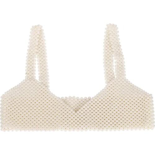 Womens Sexy Handmade Imitation Pearls Beading Crop Top Exterior Vest Hollow Out Grid Camisole Decoration Night Party Clubwear