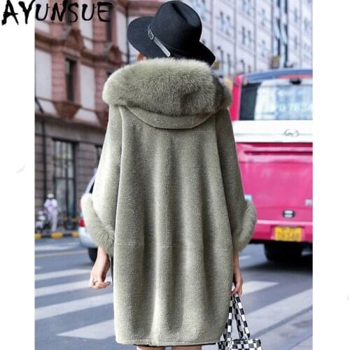AYUNSUE Real Fur Coat Female Sheep Shearling Wool Coats Winter Jacket Women Fox Fur Collar Korean Long Jackets Chaqueta Mujer MY