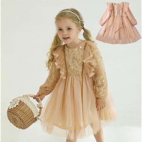 3-8 Years Flower Dress for Girls Outing Casual Wear Mesh Fall Sleeves Clothes Kids Autumn Dresses Children Party 2021
