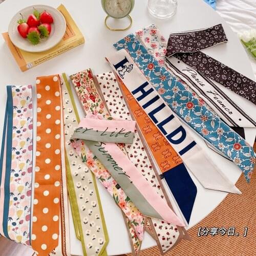2021 Satin DIY Print Small Scarf Women Riband Handle Bags Scarf Narrow Long Wrist Small Ribbon Fashion Hair Band Scarves & Wraps