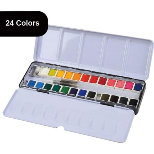 24 Vibrant Metal Ring Portable Pocket Box Half Pans solid watercolor paint