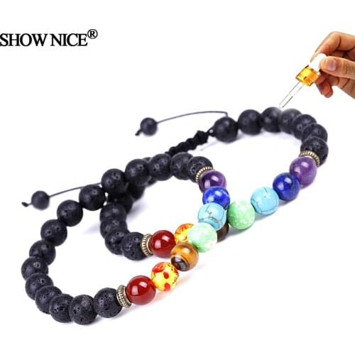 7 Chakra Yoga Healing Energy Beads Lava Rock Beaded Braid Bracelet Set Essential Oil Diffuser High Quality Bangles