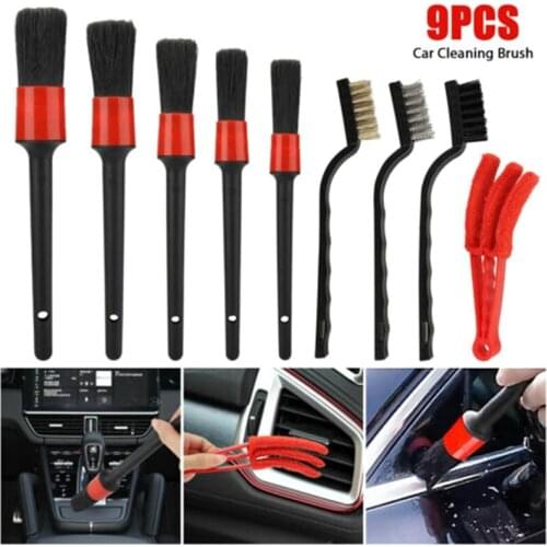 9Pcs Car Detail Brush Wash Set Car Interior Exterior Vehicles Leather Dashboard Auto Detailing Cleaning Kit Engine Wheel Brushes