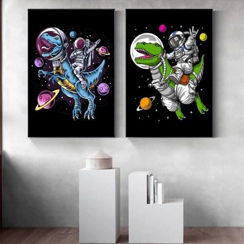Astronaut Riding on A Blue And Green Dinosaur Travel in the Universe Creative Painting Child Kids Room Lovely Home Decoration