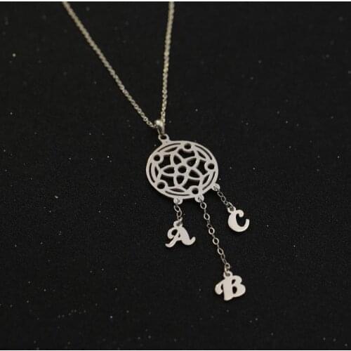 Solid Silver 3 Initals Dreamcach Pendant Necklace Hollow Pattern Amulet Necklace With Three Letters Family BFF Christmas Gift