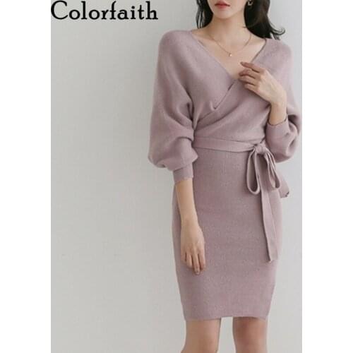 Colorfaith New 2021 Winter Spring Women Dress Skinny V-Neck Backless Knitted Split Bat Sleeve Korean Elegant Lady Dress DR6970A