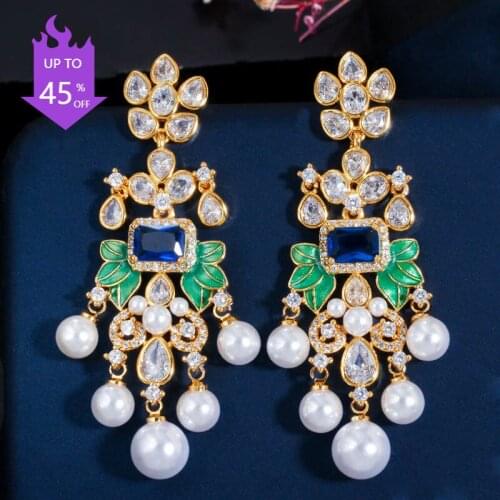 Flowers Cubic Zircon Long Dangle Pearl Earrings for Women Bridal Crystal Bridal Chandelier Dangle Drop Earrings Ladies Gifts