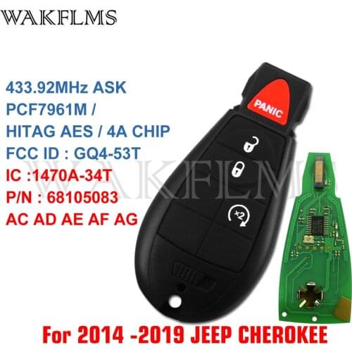 GQ4-53T 433MHz 7961M 4A Chip Fobik Remote Key For Jeep Cherokee 2014 2015 2015 2017 2018 2019 P/N 68105083 AC AD AE AF AG