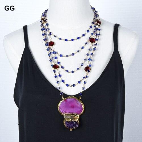 GG Jewelry 5 Rows Natural White Pearl Blue Red Crystal Chain Necklace Agates Pendant Handmade Vntage Party Style For Women