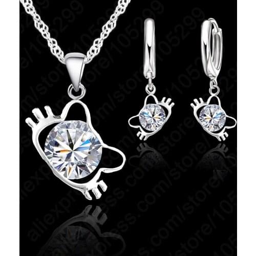 Hot Sale New Fashion Cut Cat Necklace Earrings Sets Crystal Clear 925 Sterling Silver Sweet Gift For Women Girls