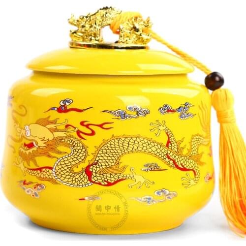 TT Ceramic Tea Pot Wedding Gifts Reddish Yellow Jinlong Large Green Tea Candy Traditional Chinese Medicine Sealed Storage Tank