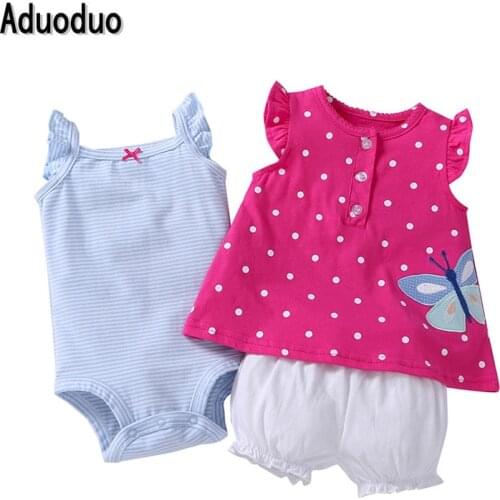 Summer baby girls 3pcs sets,vest bodysuits shorts infant clothes pink butterfly clothing kids clothes Vest rompers