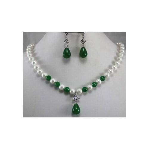 Fashion 8mm White Dark Green Pearl Necklace Earring Pendant Jewelry Set