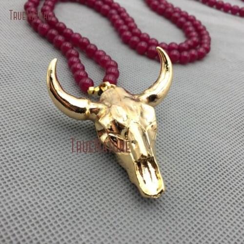 Natural Red Jades Beads Gold Full Electroplated OX Head Cattle Charm Long Boho Style Beads Necklace NM4316