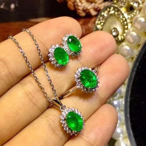 Real Natural Emerald jewelry set Natural Real Emerald 925 sterling silver 1pc pendant,1pc ring,2pcs Earring