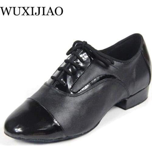 WUXIJIAO Black Genuine leather Modern Latin dance shoes soft outsole Mens Ballroom dancing shoes Party Square dance shoes