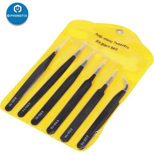 PHONEFIX 6pcs/lot ESD Precision Tweezers Anti-static for Electronic Component Cell Phone Soldering Repair Tweezers Set