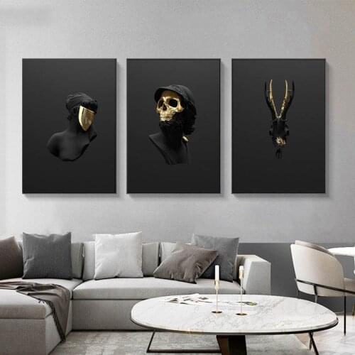 Poster Black Gold 3D Retro Irregular Pattern Canvas Painting Abstract Skull Petals Hand Print Pictures Wall Art for Living Room
