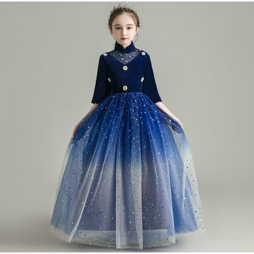 Flower Girl Dresses Sequined Lace Blue High Three Quarter Pearls Elegant Tulle Ball Gown Tiered Floor-Length Princess Skirt D195