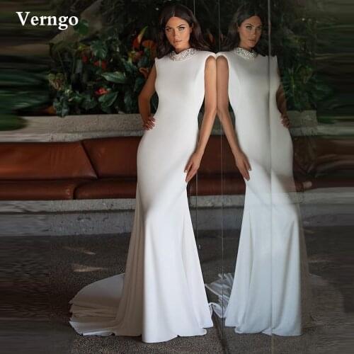 Verngo Simple Elegant Mermaid Wedding Dress Stretch Satin High Neck Beads Keyhole Back Long 2021 Bridal Gowns Custom Made
