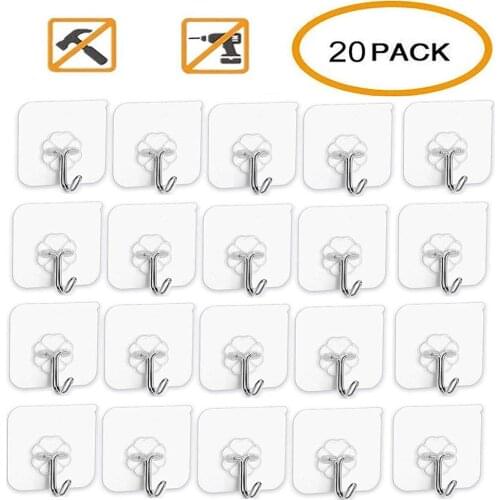 20Pcs/lot Transparent Self Adhesive Hooks Waterproof Oilproof Heavy Duty Hooks Reusable Seamless Wall Hooks For Bathroom Kitchen