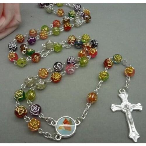 QIGO Catholic Jewelry Plastic Rose Cross Rosary Necklace Many Colors