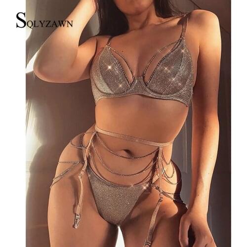 Sexy Shiny Rhinestone Diamond Bra Set Temptation Lace Women Underwear Hollow Push Up Bra+Through+Garter 3-piece Lingerie Club