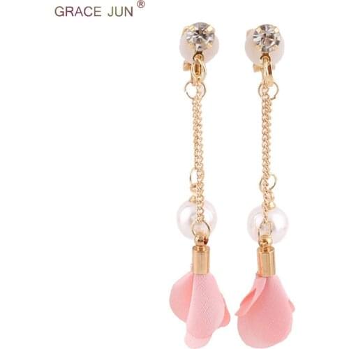 Korea Style Handmade Double Tassel Cloths Flower Clip on Earrings Without Piercing Fashion Simulated Pearl No Hole Earrings 2018