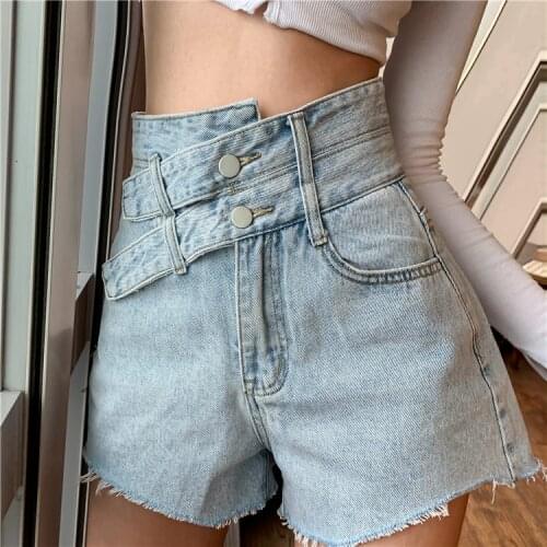 High waist denim shorts womens 2021 summer new large design A-line wide leg hot pants black shorts Regular Casual