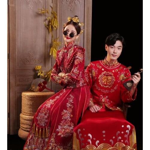 Chinese Ancient Wedding Dress Groomsman Traditional Chinese Wedding Gown Bride Men Bridegroom Toast Robe Tang Dragon Costume