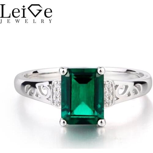 Leige Jewelry May Birthstone Lab Emerald Ring Engagement Rings Emerald Cut Green Gemstone Genuine Solid 925 Sterling Silver Ring