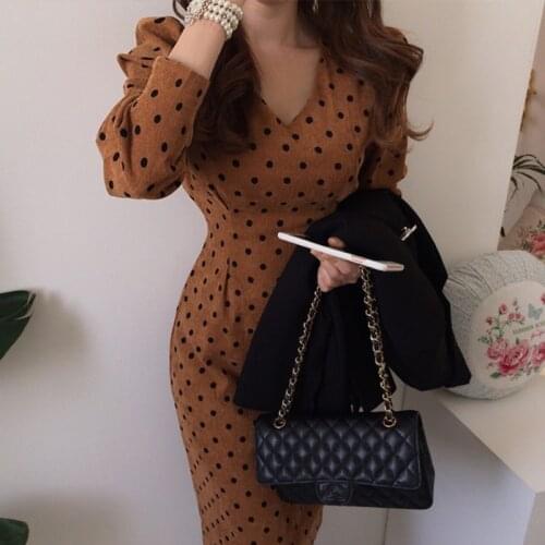 Corduroy Dress Elegant Lace Slim Fit French Temperament Style Spring and Autumn Ladies Casual Polka Dot Printing Waist Slimming