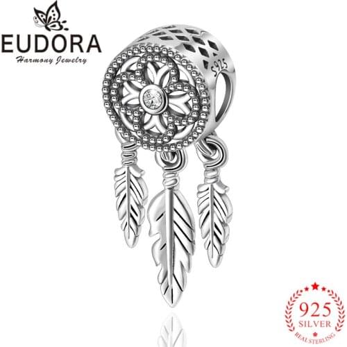 Eudora Genuine 925 Sterling Silver Beautiful Dream Catcher Holder Beads fit Charm Bracelet Necklace DIY Jewelry fashion Gift Z62